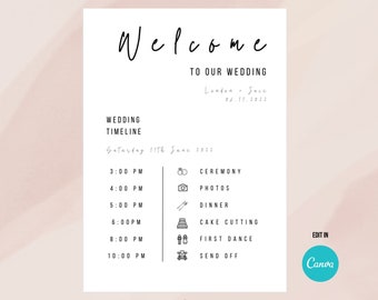 Plantilla de línea de tiempo de boda, Canva, itinerario de boda, orden de iconos de eventos, programación, descarga de línea de tiempo del día de la boda, boda minimalista