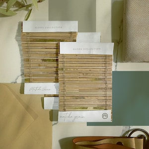 May include: Three samples of woven bamboo fabric swatches with white labels. The labels read "ALOHA COLLECTION" and "matcha grain".