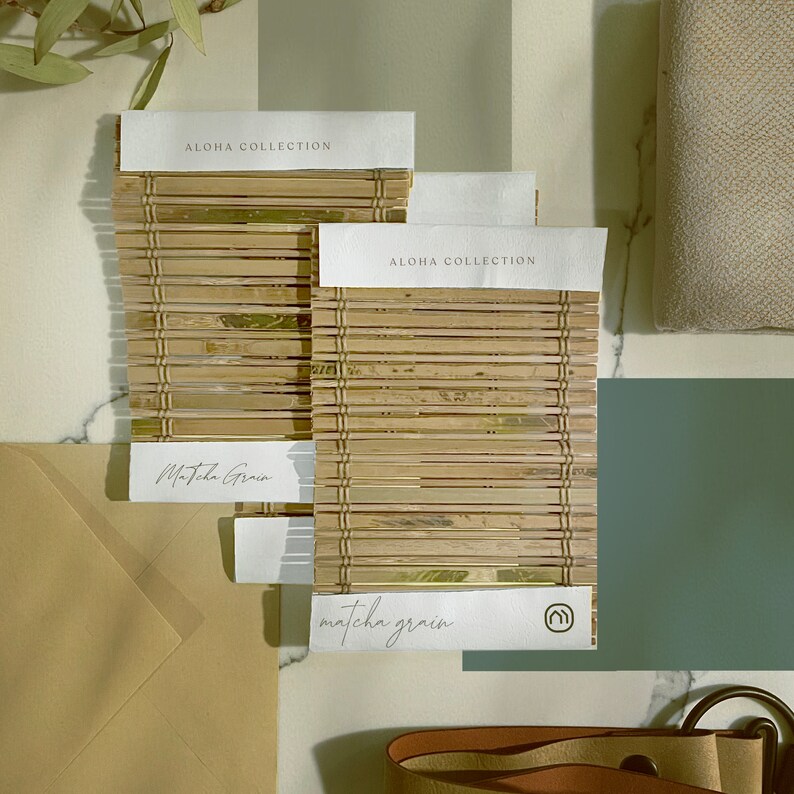 May include: Three samples of woven bamboo fabric swatches with white labels. The labels read "ALOHA COLLECTION" and "matcha grain".