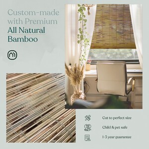 May include: Natural bamboo window blinds in a light brown colour. The blinds are raised to show the white curtains behind them. The blinds are in a room with a desk and chair. The text "Cut to perfect size", "Child & pet safe", and "1-3 year guarantee" is visible below the image.