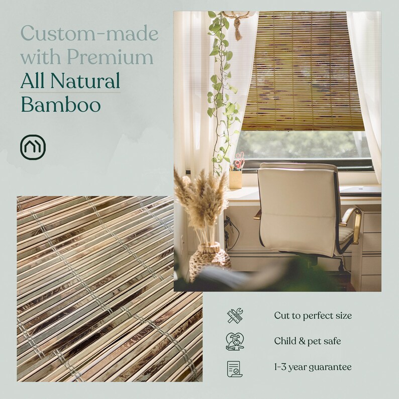 May include: Natural bamboo window blinds in a light brown colour. The blinds are raised to show the white curtains behind them. The blinds are in a room with a desk and chair. The text "Cut to perfect size", "Child & pet safe", and "1-3 year guarantee" is visible below the image.