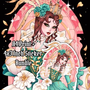 Puede incluir: Un paquete de impresi&oacute;n A4 y pegatinas de 4x3 pulgadas. La imagen muestra una ilustraci&oacute;n detallada de una mujer con un vestido turquesa y dorado, adornada con una corona y detalles florales. La obra de arte tiene un fondo de vidriera con tonos rosas y dorados.