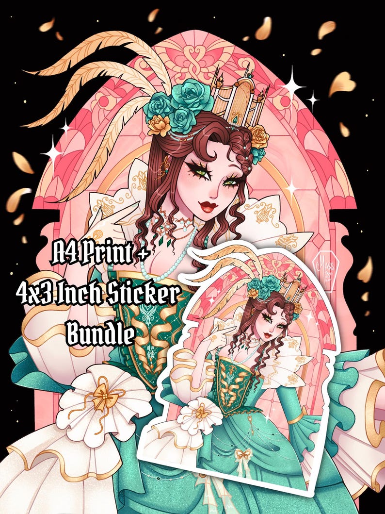 Puede incluir: Un paquete de impresi&oacute;n A4 y pegatinas de 4x3 pulgadas. La imagen muestra una ilustraci&oacute;n detallada de una mujer con un vestido turquesa y dorado, adornada con una corona y detalles florales. La obra de arte tiene un fondo de vidriera con tonos rosas y dorados.