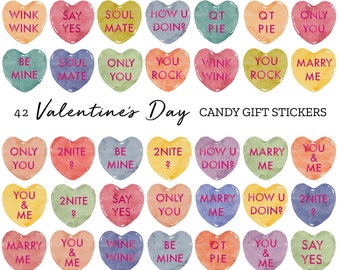 Mini Conversation Candy Heart Stickers, Valentines Day Digital Gift Tag Set, Printable Present Clip Art PNG, Watercolor Heart,