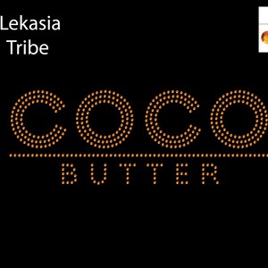 May include: A digital design for a rhinestone iron-on patch that says "COCO BUTTER" in orange rhinestones. The design is 9.925 inches wide and 3.614 inches tall. It uses 499 topaz-smoked rhinestones that are 2.8 mm in size.