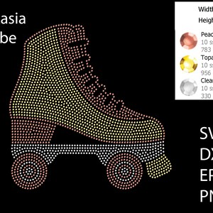 Op de afbeelding: Een strass-ontwerp van een rolschaats met perzik-, gele en heldere kristallen. Het ontwerp is 10,335 inch breed en 10,539 inch hoog. Het ontwerp is beschikbaar in de formaten SVG, DXF, EPS en PNG.