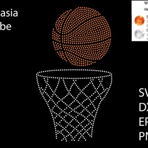 May include: A basketball with an orange and white design is about to go through a white basketball hoop. The image is made of rhinestones and is 6.618 inches wide and 11.677 inches tall.