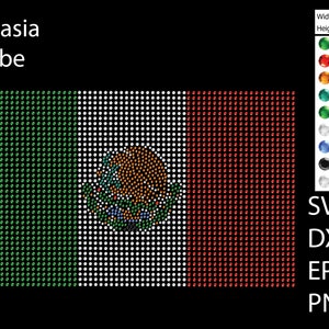 May include: A digital design of the Mexican flag, made up of green, white, and red rhinestones. The design is 10.5 inches wide and 6.299 inches tall. The design includes the Mexican coat of arms, which is a golden eagle perched on a cactus, with a snake in its beak. The design is available in SVG, DXF, EPS, and PNG formats.