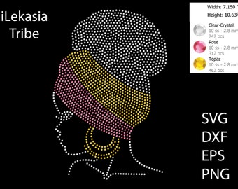 May include: A rhinestone design of a woman's face with a head wrap. The design is made with clear, pink, and yellow rhinestones. The design is 7.15 inches wide and 10.634 inches tall.