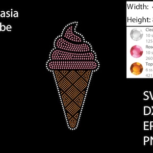 May include: A rhinestone design of an ice cream cone with a pink ice cream scoop. The design is 4.437 inches wide and 8.933 inches tall. The design uses clear, rose, and topaz-smoked rhinestones.