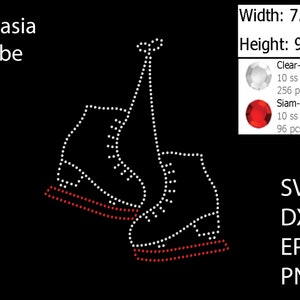 Puede incluir: Un diseño de pedrería de dos patines de hielo, uno rojo y otro blanco, con el texto "iLekasia Tribe" y "Ancho: 7.551" y "Alto: 9.126" en las esquinas superior izquierda y derecha de la imagen. El diseño está hecho de pedrería transparente y roja.