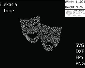 May include: A digital design featuring two white masks, one smiling and one frowning, made of rhinestones. The design is 11.024 inches wide and 9.268 inches tall. The design is for use with rhinestones, and the design includes 1732 rhinestones.