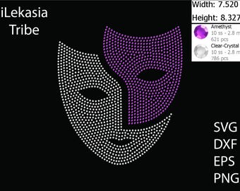 May include: A black background features a mask design made of white and purple rhinestones. The mask is divided into two sections, one white and one purple. The image includes the text "iLekasia Tribe" and file type options.
