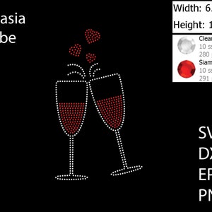 May include: Two champagne glasses with red wine, surrounded by red hearts, made with clear and red rhinestones. The design is 6.362 inches wide and 11 inches tall.  The design is available in SVG, DXF, EPS, and PNG formats.