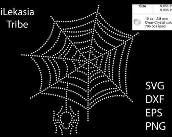 May include: A white spider web design made with clear crystal rhinestones. The design is approximately 9 inches wide and 10 inches tall. The design is perfect for a Halloween craft project.