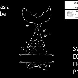 May include: A white rhinestone design of a mermaid tail with a banner for text. The design is 6 inches wide and 11 inches tall and uses 494 clear crystal rhinestones.