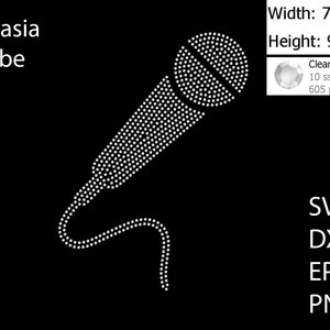 May include: A white rhinestone design of a microphone on a black background. The design is 7.1 inches wide and 9.7 inches tall. The design is made with 605 clear crystal rhinestones.