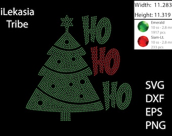 May include: A Christmas tree design with the word "HO" repeated three times. The tree is made of green rhinestones and the word "HO" is made of red rhinestones. The design is 11.283 inches wide and 11.319 inches tall.