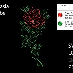 May include: A red and green rhinestone design of a rose with a stem and leaves. The design is 3.382 inches wide and 6.724 inches tall. The design uses 196 red Siam rhinestones and 341 green Emerald rhinestones, all 2.0 mm in size.