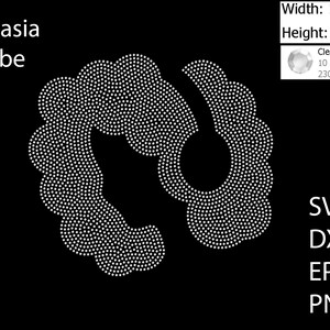May include: A white rhinestone design of two overlapping curved shapes, resembling a stylized letter U, on a black background. The design is 10.965 inches wide and 9.969 inches high and is made with 2302 clear crystal rhinestones.