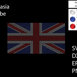 May include: A Union Jack flag design made with rhinestones. The flag is 11.2 inches wide and 5.98 inches tall. The rhinestones are in red, white, and blue.