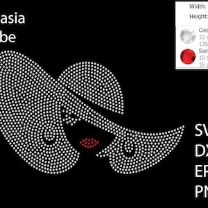 May include: A rhinestone design of a woman wearing a hat, with a red rhinestone mouth. The design is 10.697 inches wide and 6.693 inches tall. The design is made with 1358 clear rhinestones and 16 red rhinestones.