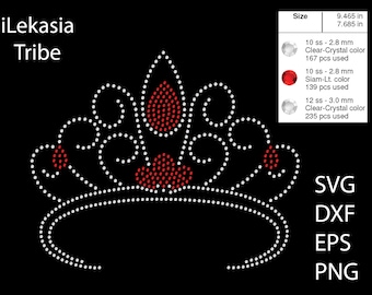 May include: A rhinestone crown design with clear and red crystals. The design is approximately 9.465 inches wide and 7.685 inches tall. The design is available in SVG, DXF, EPS, and PNG formats.