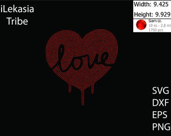 May include: Red rhinestone heart with the word "love" inside, dripping with rhinestones. The design is 9.425 inches wide and 9.929 inches tall.
