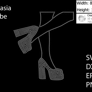 May include: A rhinestone design of a pair of high-heeled shoes with thick platforms. The design is 8.91 inches wide and 11.06 inches tall. It is made with 755 clear crystal rhinestones, each measuring 2.8 mm.