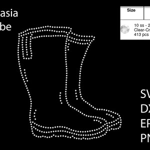 May include: A white rhinestone design of a pair of rain boots, 7.492 inches by 8.201 inches, using 413 clear crystal rhinestones.