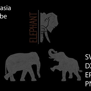 May include: A digital design featuring three elephant silhouettes made of white rhinestones. The text "iLekasia Tribe" and "ELEPHANT" are also included in the design. The design is available in SVG, DXF, EPS, and PNG formats.