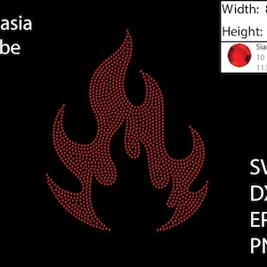 Puede incluir: Diseño de llama de strass rojo, 21,6 cm de ancho y 26,9 cm de alto, hecho con 1133 strass Siam-Lt., 10 ss - 2,8 mm. Archivos SVG, DXF, EPS y PNG incluidos.