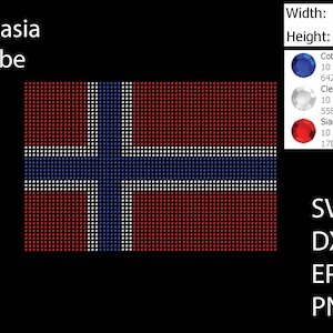 May include: A red, white, and blue Norwegian flag made of rhinestones. The flag is 11.197 inches wide and 7.512 inches tall. The rhinestones are in the colors cobalt, clear crystal, and Siam.