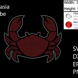 Könnte beinhalten: Rotes Strass-Krabben-Design, 28,43 cm breit und 23,4 cm hoch. Das Design besteht aus 358 klaren Kristall-Strasssteinen und 1380 Siam-roten Strasssteinen. SVG-, DXF-, EPS- und PNG-Dateien sind enthalten.