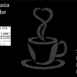 May include: A black graphic featuring a coffee cup design made of white dots, with steam rising in a heart shape. The image includes text: iLekasia Tribe, Width: 8.276", Height: 11.098", and SVG, DXF, EPS, PNG file formats.