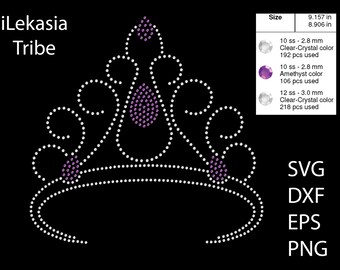 May include: A rhinestone crown design with clear and amethyst colored rhinestones. The design is approximately 9 inches wide and 9 inches tall. The design is available in SVG, DXF, EPS, and PNG formats.