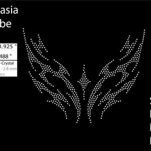 May include: A rhinestone transfer design featuring a symmetrical wing-like pattern made of 634 clear crystal 10ss 2.8 mm stones. The design measures 10.925 inches wide by 8.488 inches high. Text includes iLekasia Tribe, SVG, DXF, EPS, and PNG.