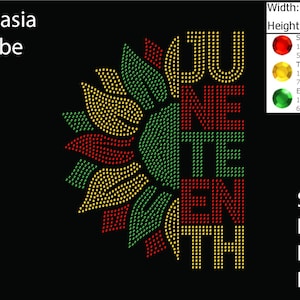 May include: A black graphic design featuring a sunflower and the word "JUNETEENTH" in red, green, and yellow dots. The design includes the text "iLekasia Tribe" and is available in SVG, DXF, EPS, and PNG formats.