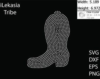 May include: A white rhinestone design of a cowboy boot, 5.189 inches wide and 6.972 inches tall, made with 732 clear crystal rhinestones, 10 ss - 2.8 mm. SVG, DXF, EPS, and PNG files are included.