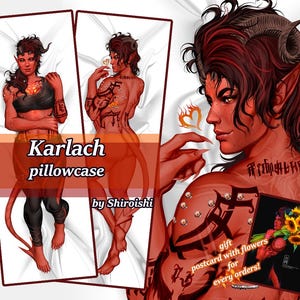 May include: A red-skinned character with horns and tattoos is featured on a pillowcase. The pillowcase has the text "Karlach pillowcase" and is by Shiroishi. A gift postcard with flowers is included with every order.