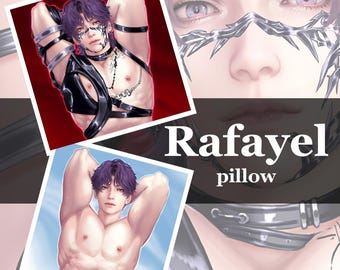 May include: A decorative pillow featuring a purple-haired man with a silver face mask and the text "Rafayel pillow".
