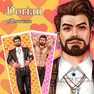 Pode incluir: Ilustração para uma fronha com o nome "Dorian" em letras brancas grandes. A imagem apresenta um retrato de um homem com barba e duas imagens menores do mesmo homem em roupas diferentes. O fundo é amarelo com corações rosa.
