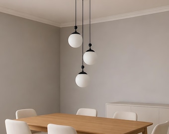 Lámpara de araña negra mate para comedor, lámpara colgante de latón con cristal opalino, lámpara de estilo escandinavo Japandi
