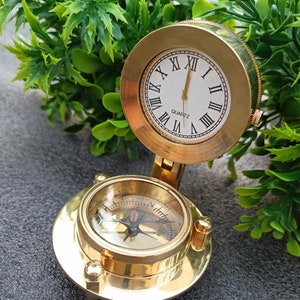Handcrafted Brass Compass Clock: Nautical Table Decor