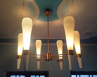 Vintage Italian Brass Large Chandelier 6 Opaline Lights Mid Century Modern Style Sputnik Design Ceiling Light Fixture for Home Decoration