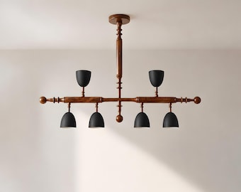Nowoczesny skandynawski drewniany żyrandol, matowa czarna lampa wisząca, rustykalna lampa: lampa do jadalni