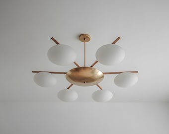 Vintage Italian Brass Chandelier – Angelo Lelli Mid-Century Modern Opaline Glass Light Fixture : Dining Lamp