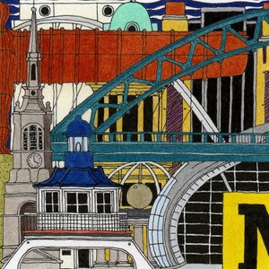 May include: A colorful illustration of a city skyline with a bridge, a church, and a building with the letter "N" on it.