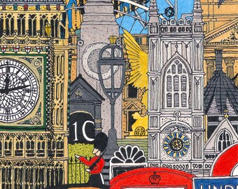 May include: A colorful illustration of London landmarks, including Big Ben, the London Eye, and a red telephone booth. The illustration is done in a cartoon style with bright colors and bold lines.
