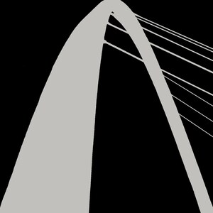 May include: A close-up of a gray arch bridge with a cable-stayed design. The arch is curved and the cables are straight, creating a geometric pattern.
